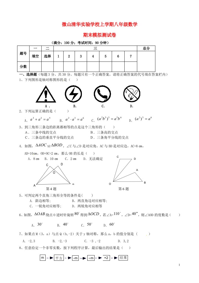 山东省济宁市微山县清华实验学校八级数学上学期期末模拟测试试题（无答案）