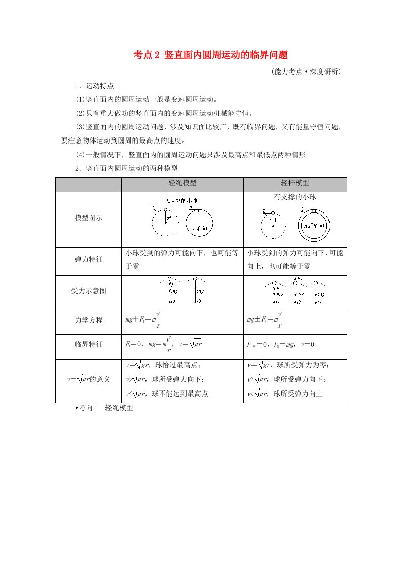 2025版高考物理一轮总复习考点突破第4章抛体运动与圆周运动专题强化5圆周运动的临界问题考点2竖直面内圆周运动的临界问题