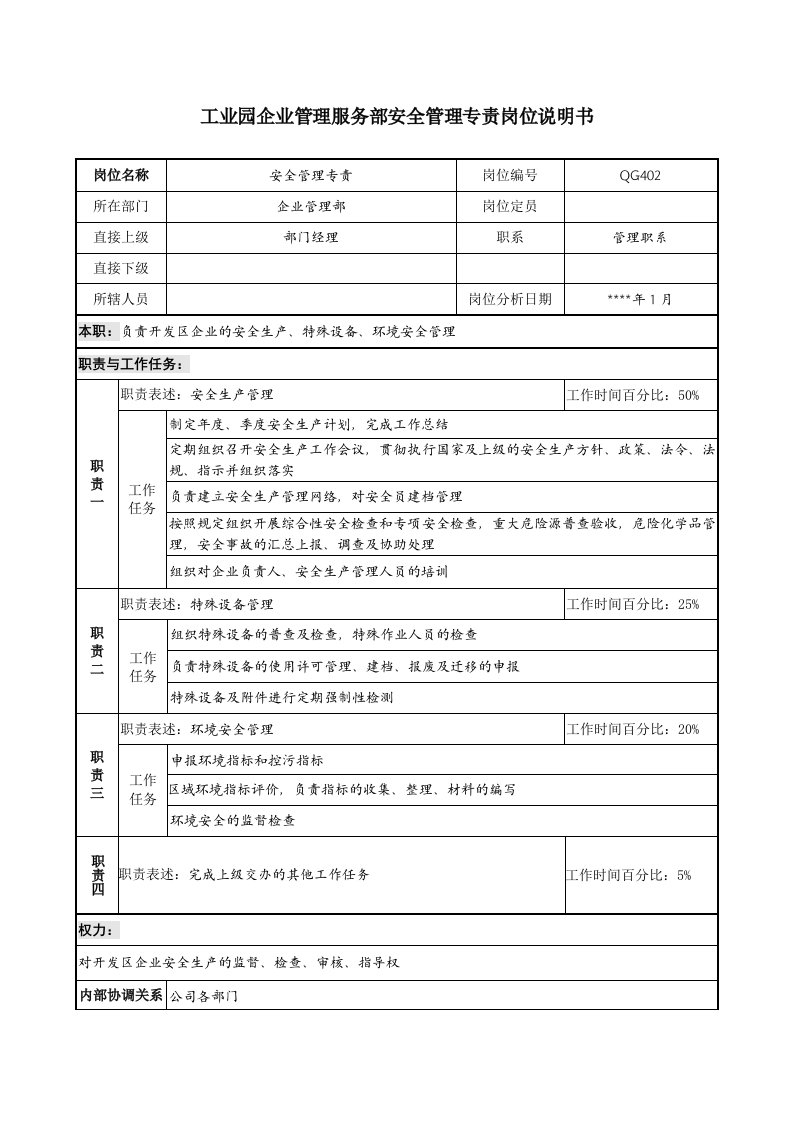 精选企业管理服务部安全管理专责岗位说明书