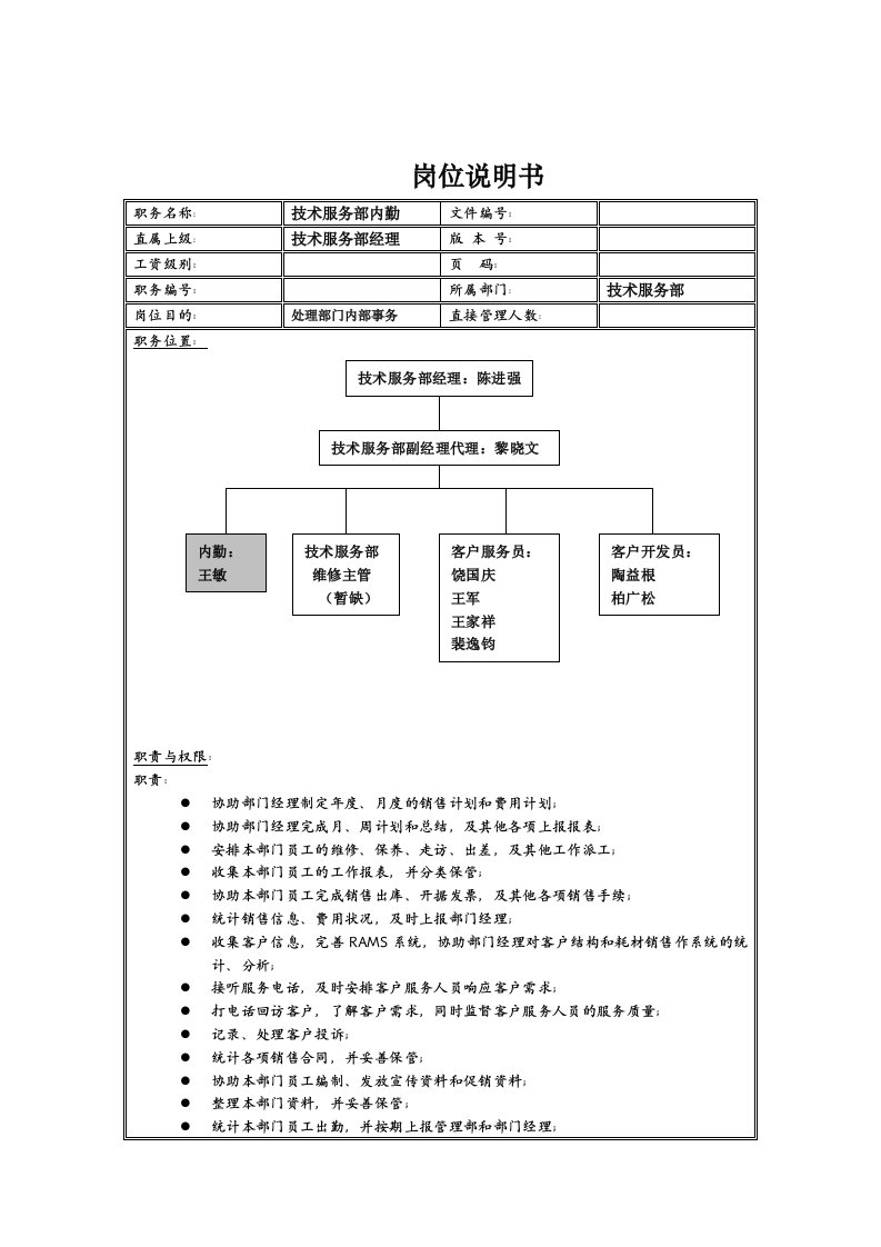 推荐-理想科学公司技术服务部内勤岗位说明书