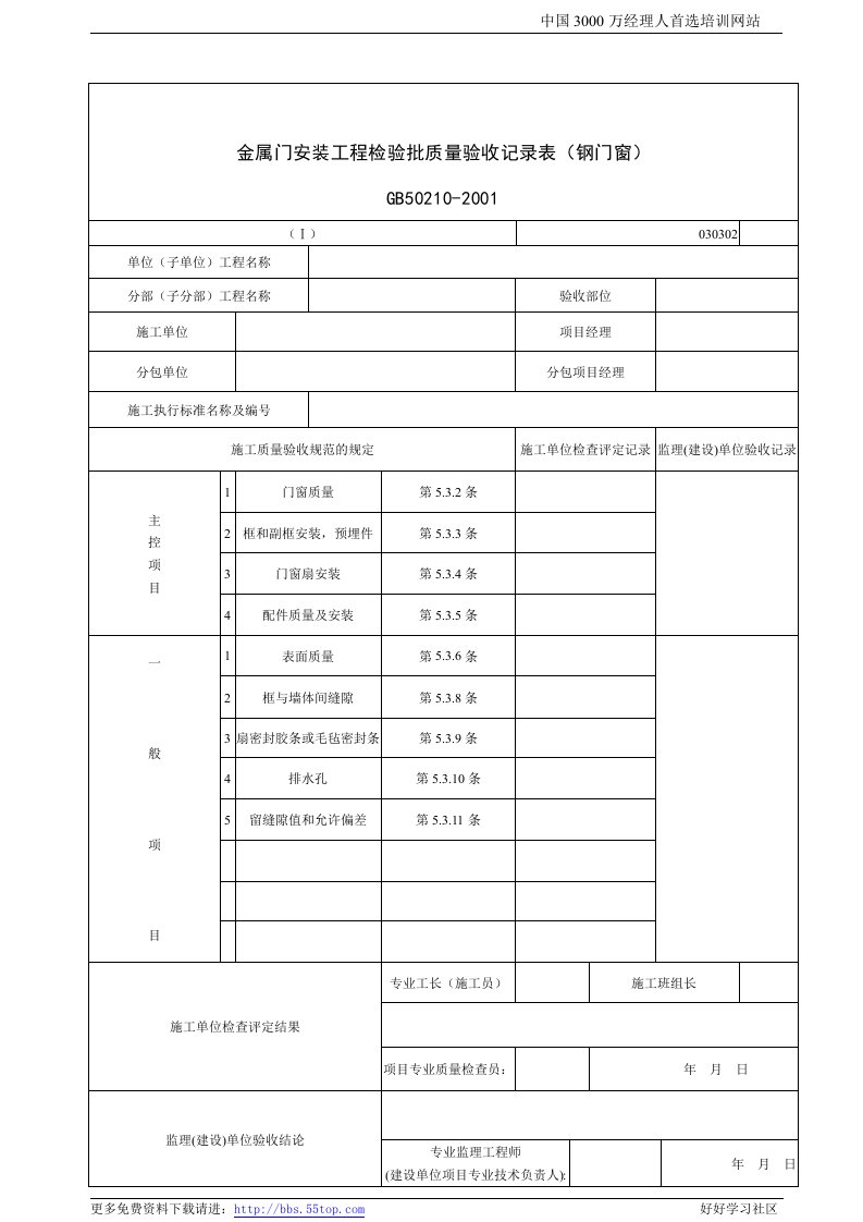 【管理精品】建筑行业金属门窗安装工程检验批质量验收记录表(钢门窗)