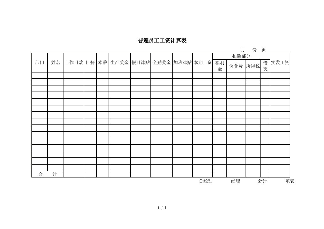 【薪酬福利】普遍员工工资计算表