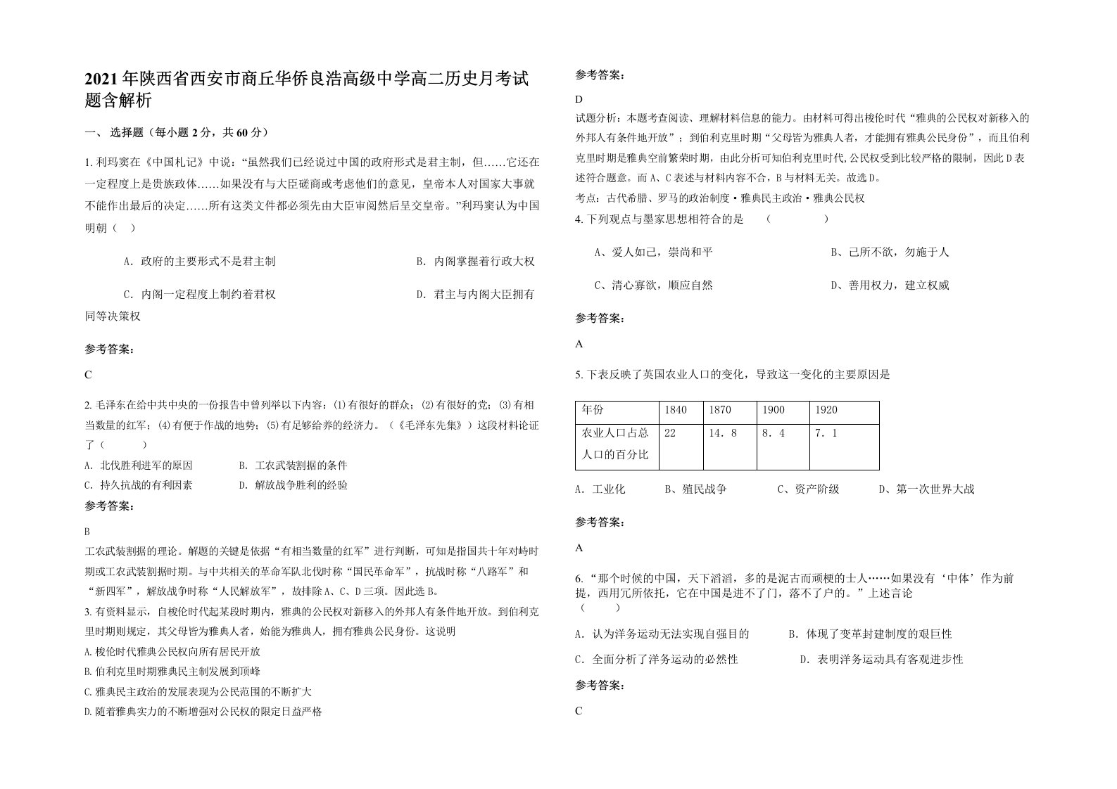 2021年陕西省西安市商丘华侨良浩高级中学高二历史月考试题含解析