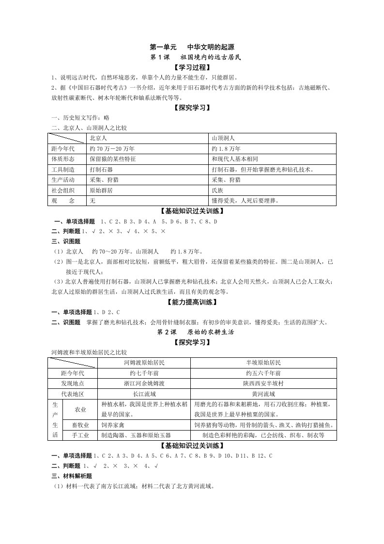 农大附中七年级(上)第四版历史学案答案