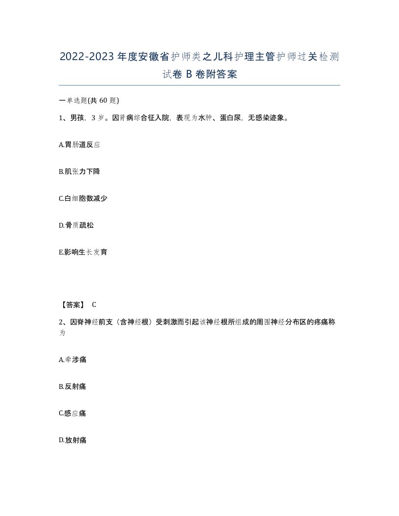 2022-2023年度安徽省护师类之儿科护理主管护师过关检测试卷B卷附答案