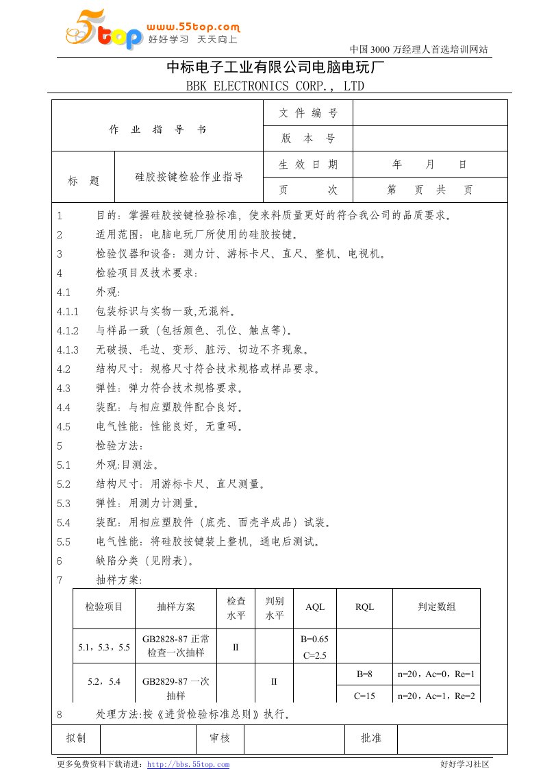 电脑电玩厂检验作业指导书-蜂鸣器、复读机机芯、固定架、硅胶按键(4个文件)电子行业检验作业指导书(硅胶按键)0-作业指导