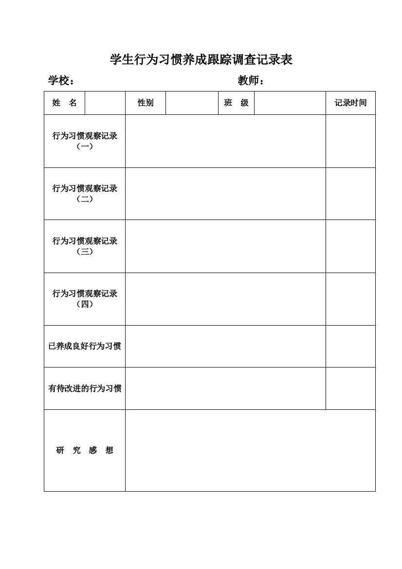 学生行为习惯养成跟踪调查记录表