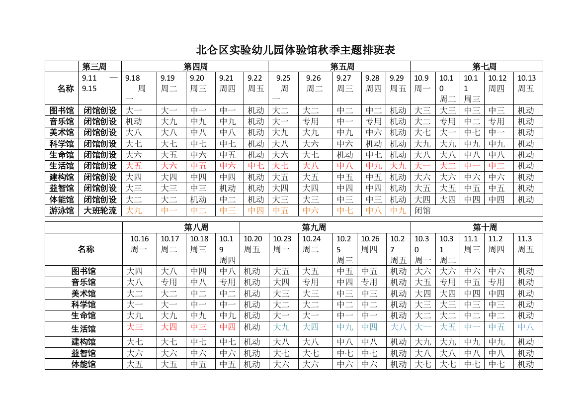 3333北仑区实验幼儿园体验馆秋季主题排班表