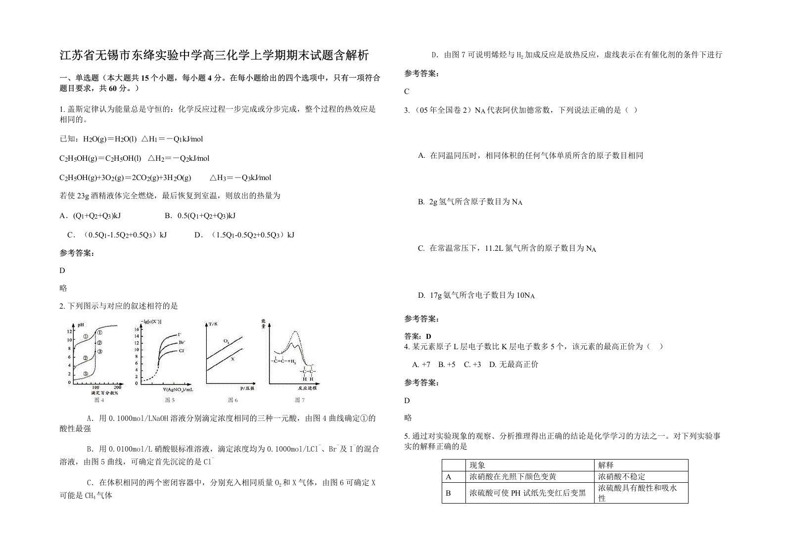 江苏省无锡市东绛实验中学高三化学上学期期末试题含解析