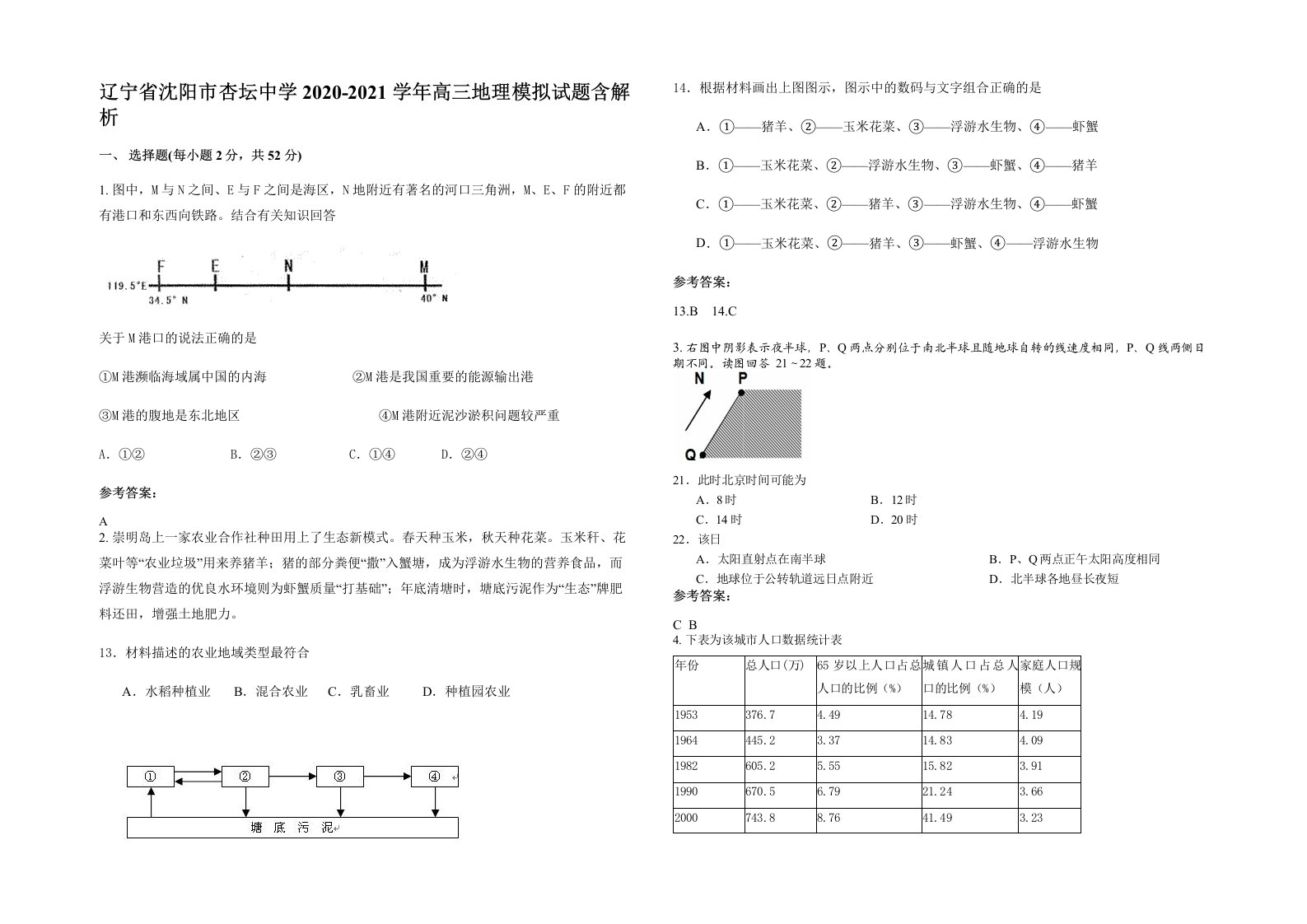 辽宁省沈阳市杏坛中学2020-2021学年高三地理模拟试题含解析