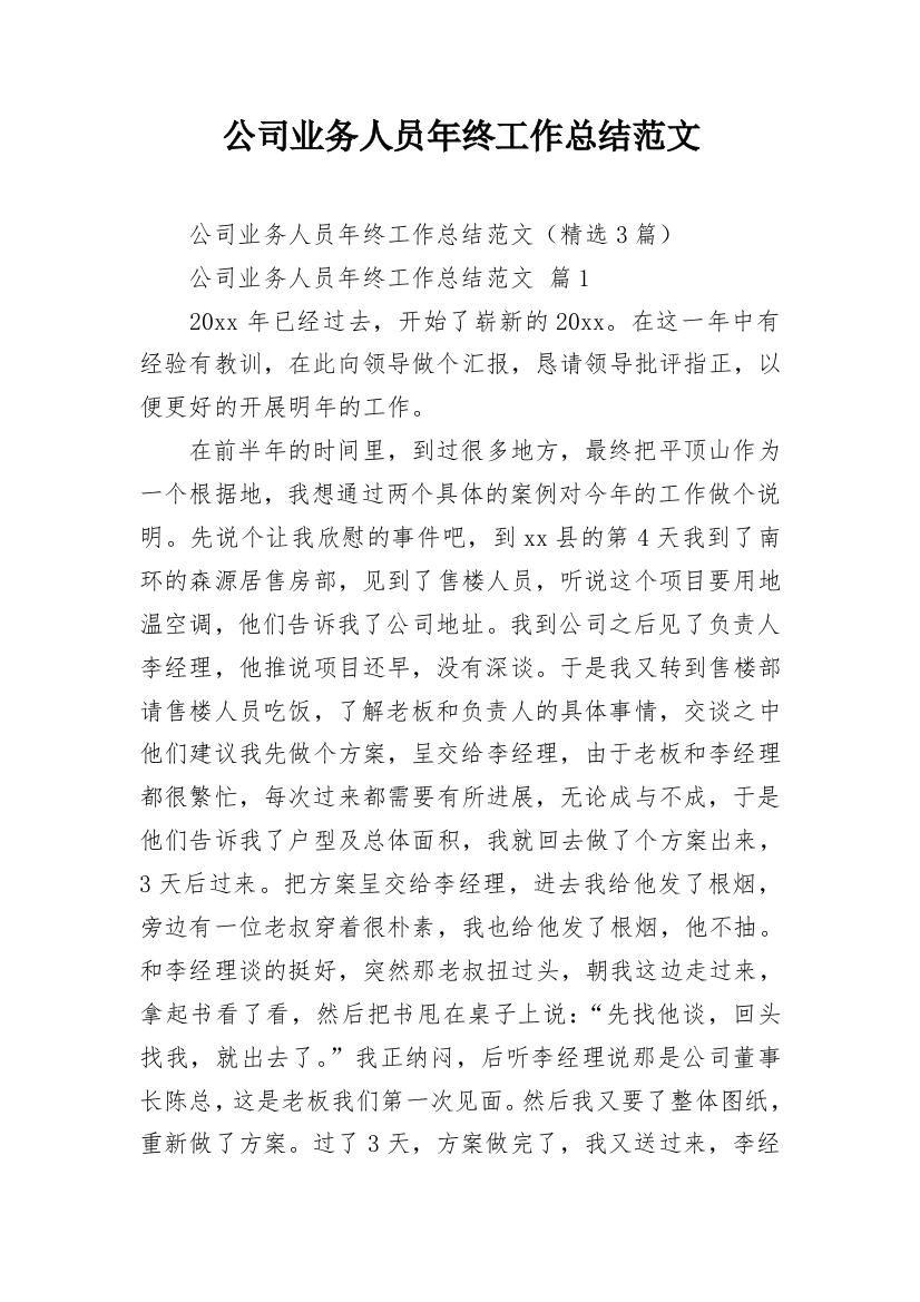 公司业务人员年终工作总结范文