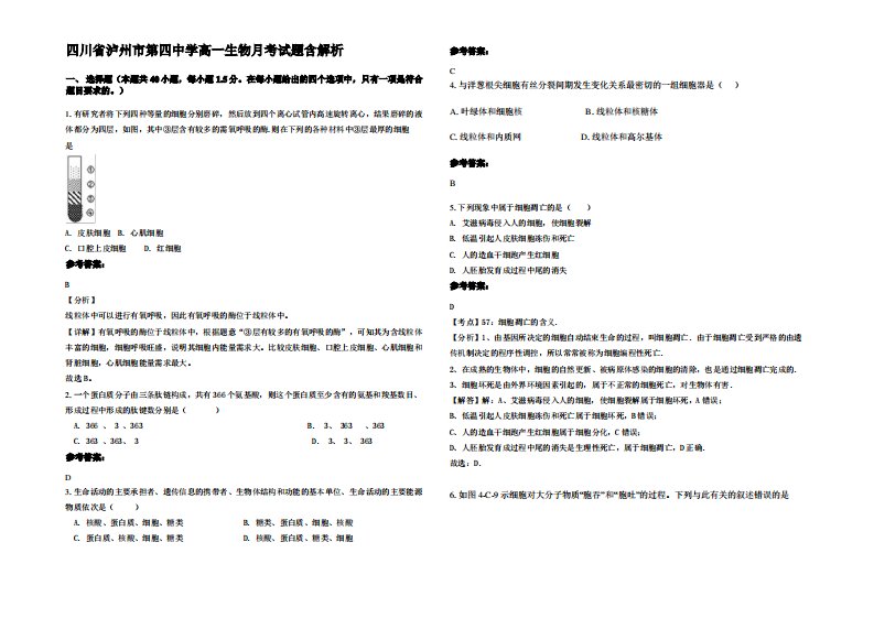 四川省泸州市第四中学高一生物月考试题含解析