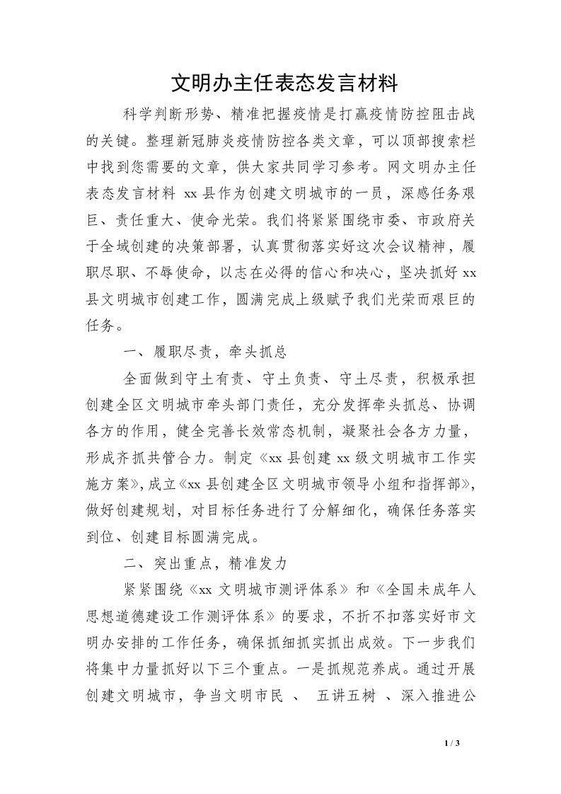 文明办主任表态发言材料