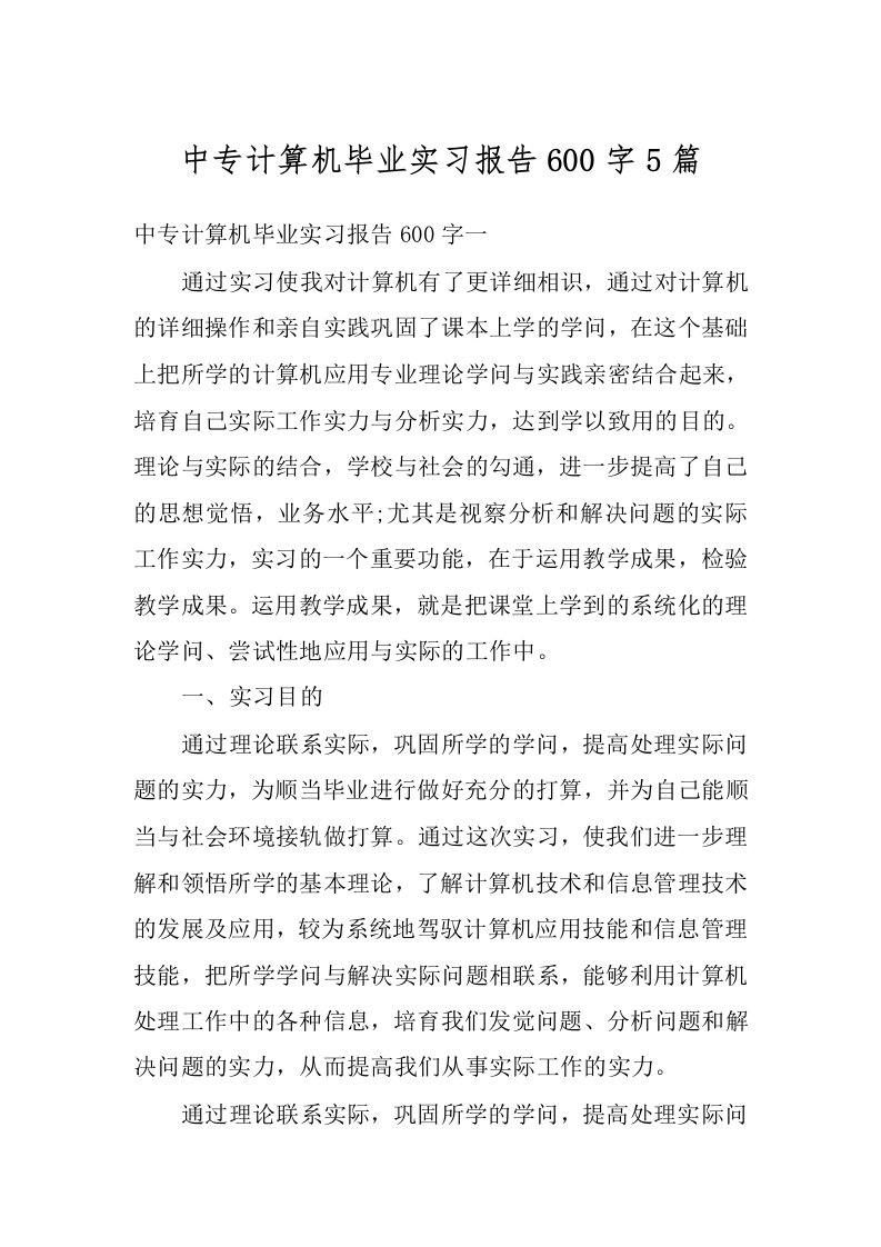 中专计算机毕业实习报告600字5篇