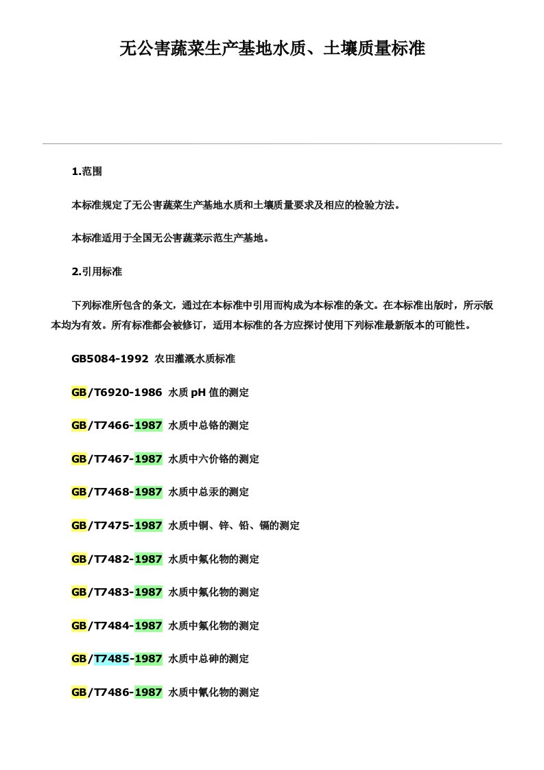 无公害蔬菜生产基地水质、土壤质量标准