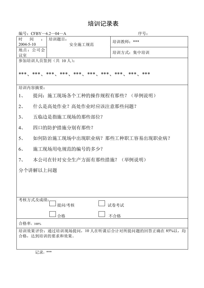 建筑企业：培训记录表