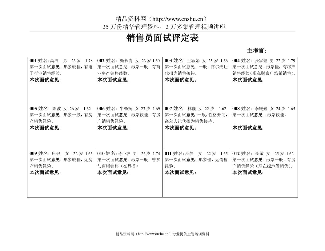 销售员面试评定表