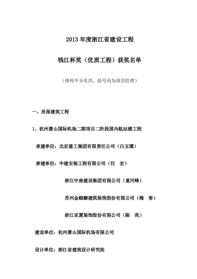 2013年度浙江省建设工程钱江杯获奖名单