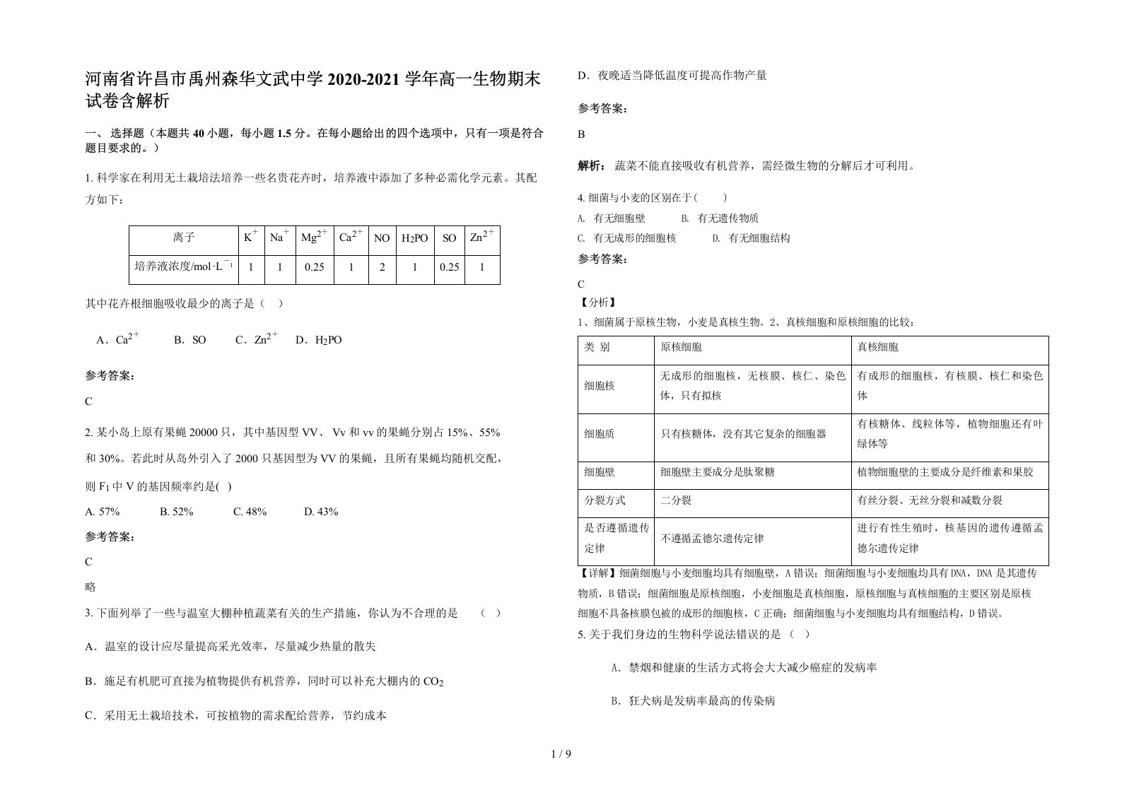 河南省许昌市禹州森华文武中学2020-2021学年高一生物期末试卷含解析