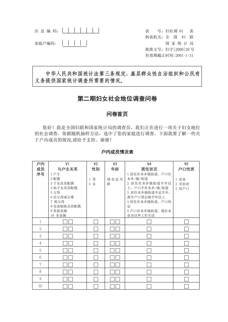 调查问卷-第二期妇女社会地位调查问卷五稿