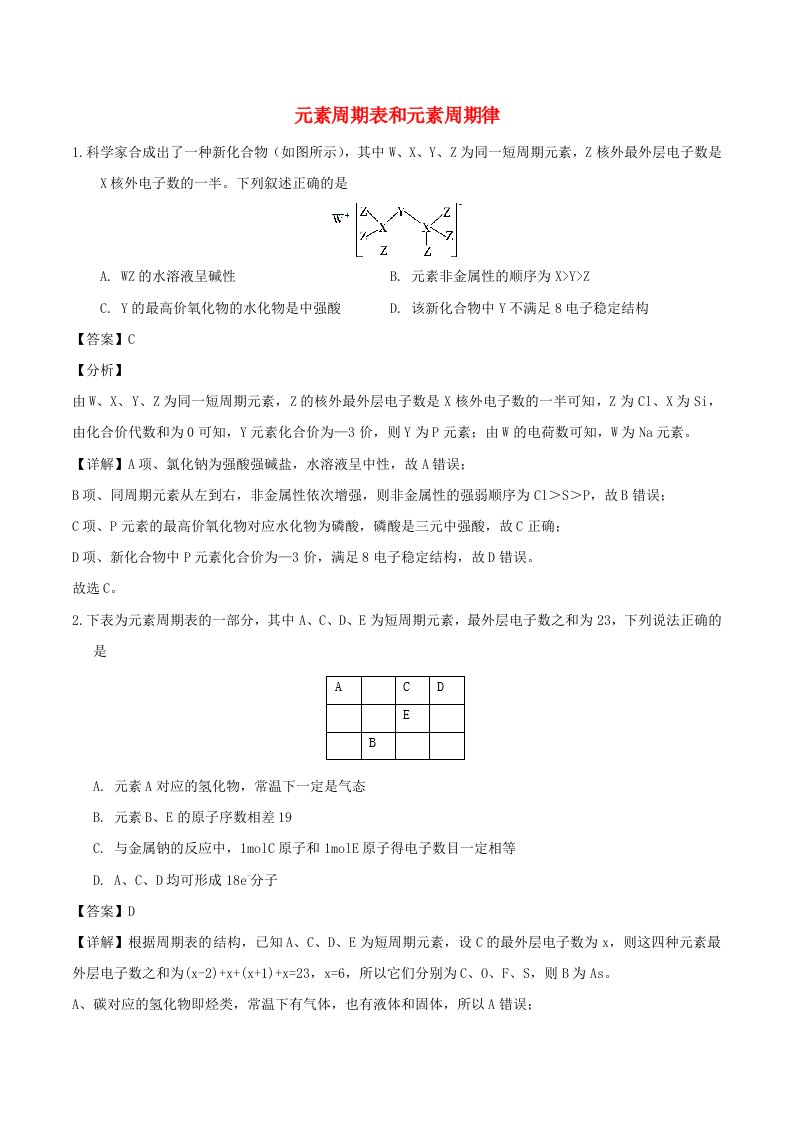 2020年高考化学重点题型练习元素周期表和元素周期律含解析