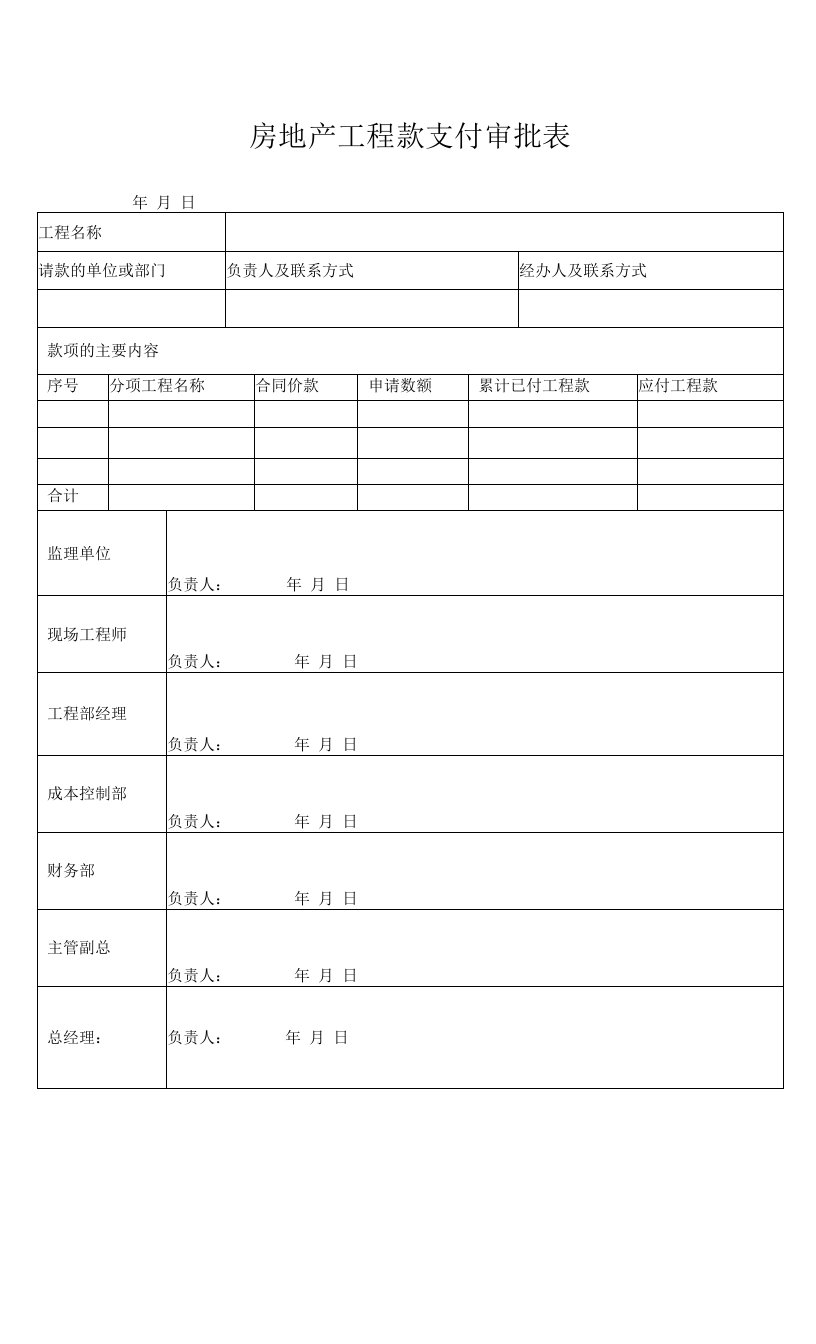 房地产工程款支付审批表(标准版)