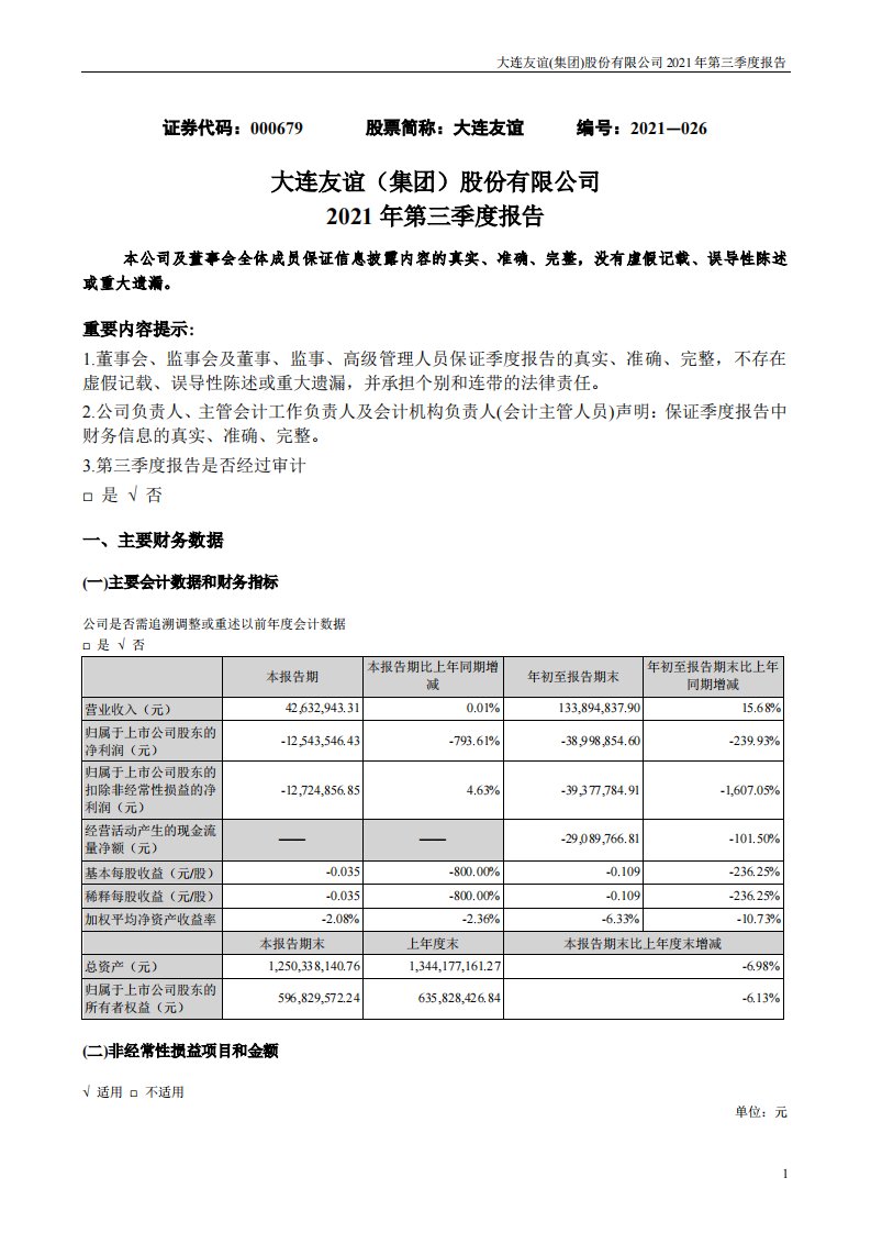 深交所-大连友谊：2021年第三季度报告-20211030