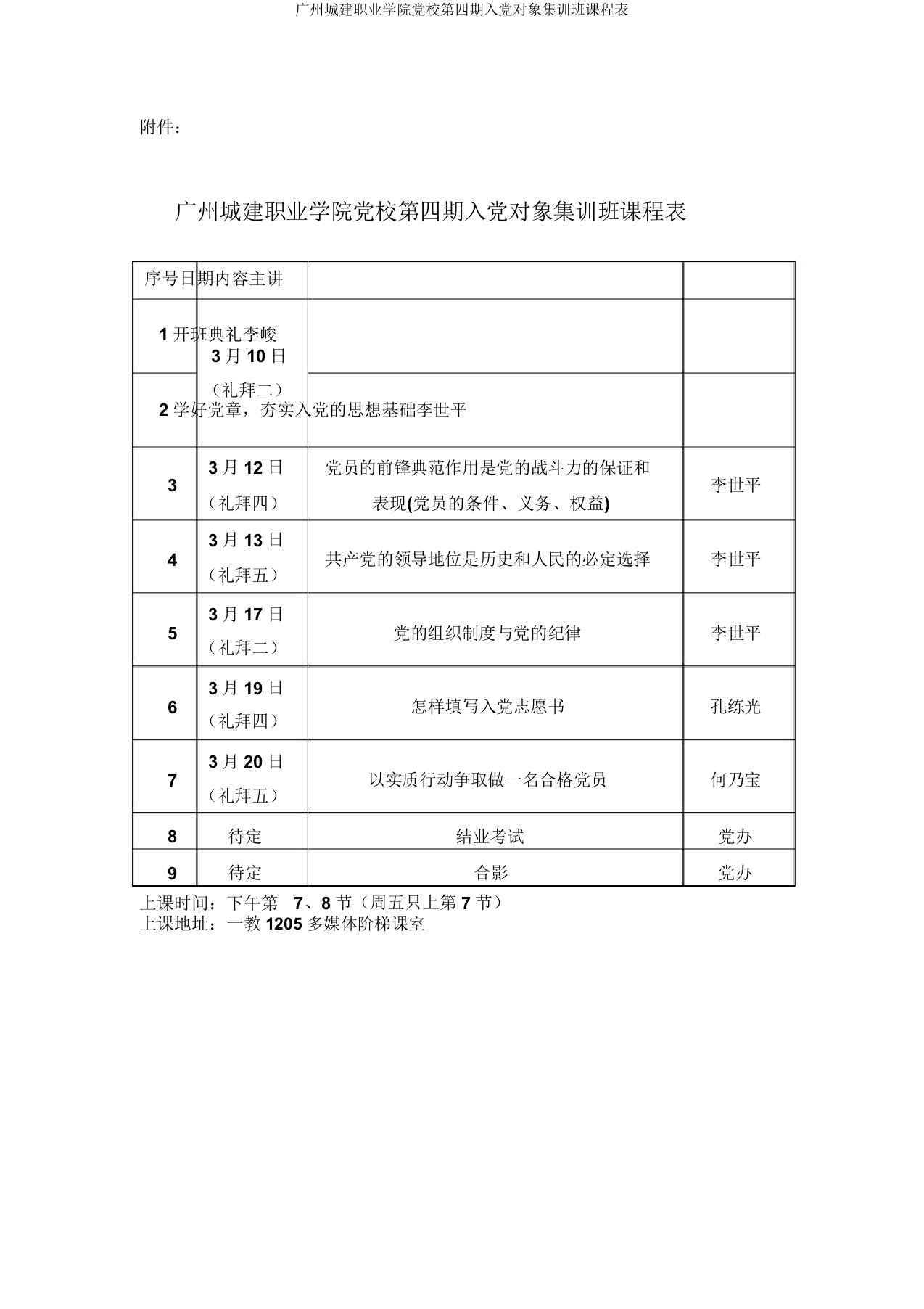 广州城建职业学院党校第四期入党对象集训班课程表