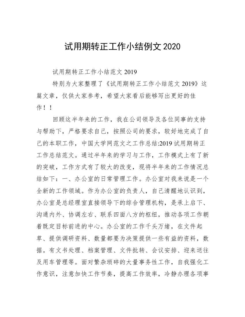 试用期转正工作小结例文2020