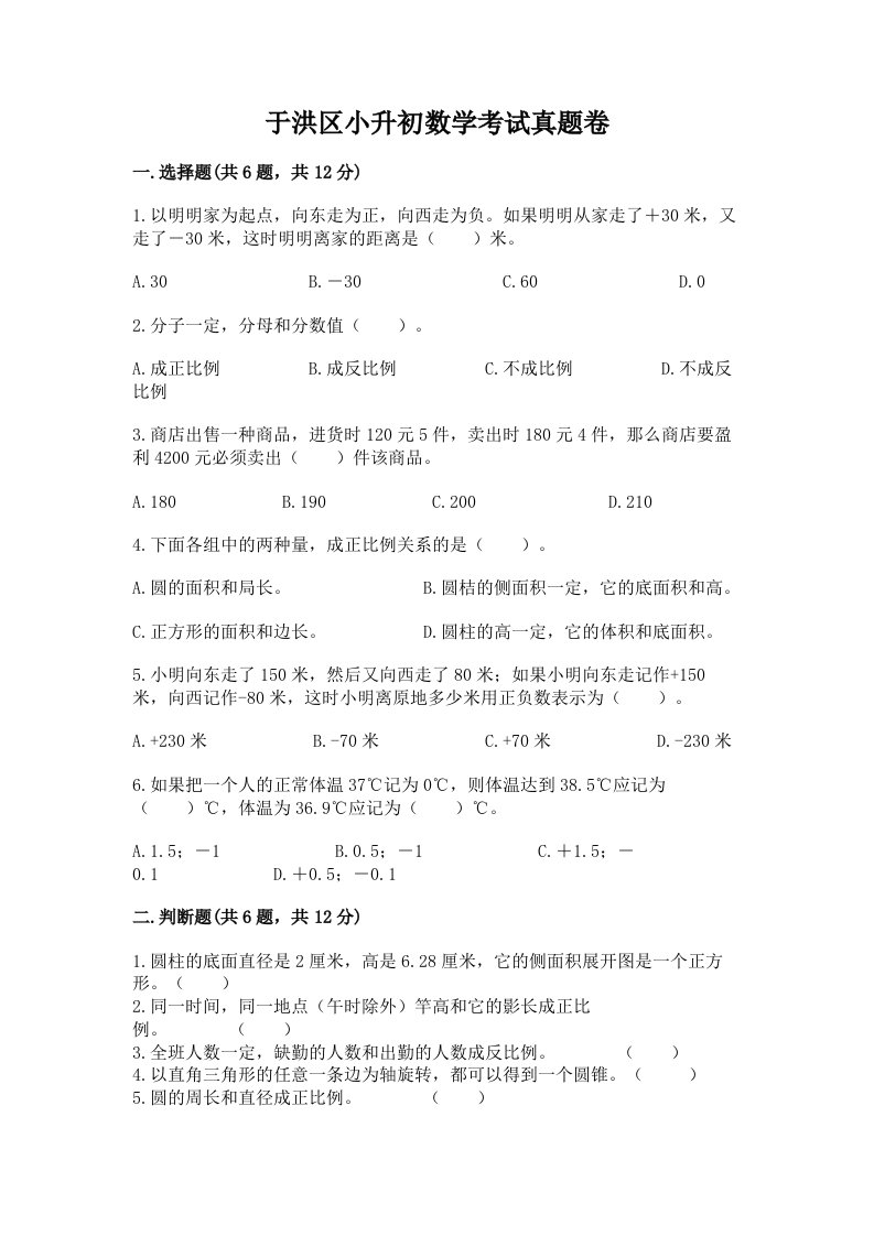 于洪区小升初数学考试真题卷新版