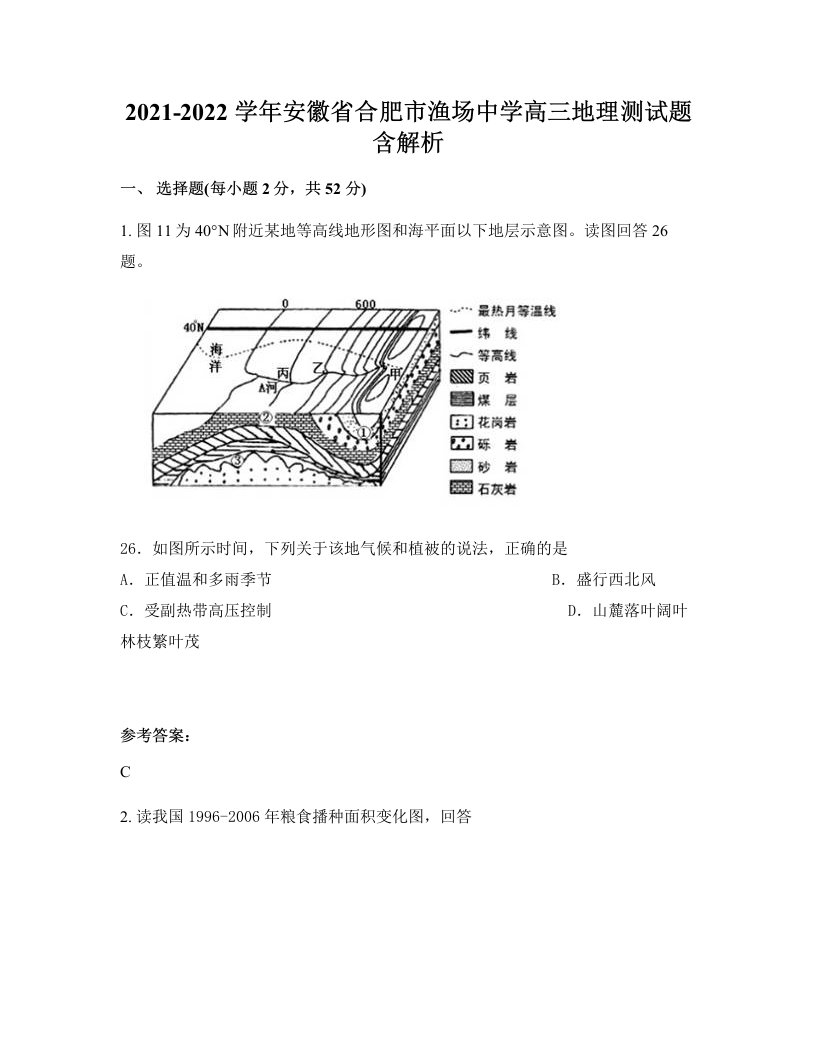 2021-2022学年安徽省合肥市渔场中学高三地理测试题含解析