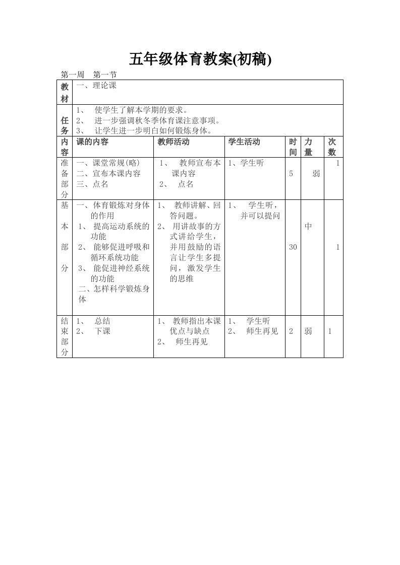 五年级体育教案