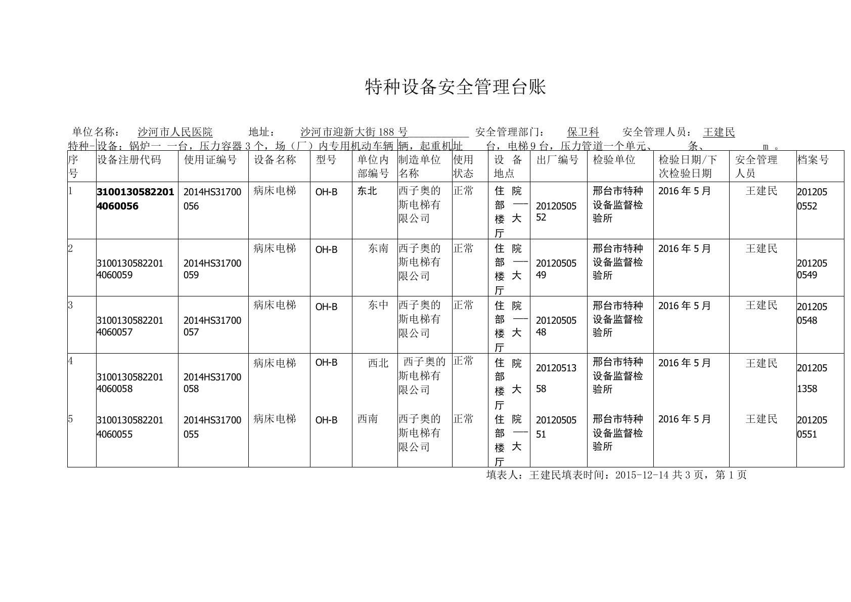 特种设备安全管理台账