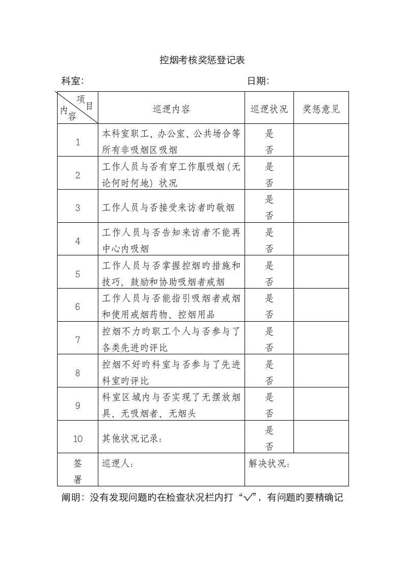 新版控烟考评奖惩记录表