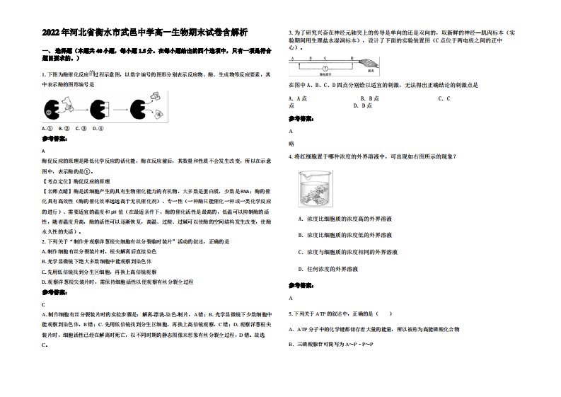 2022年河北省衡水市武邑中学高一生物期末试卷含解析