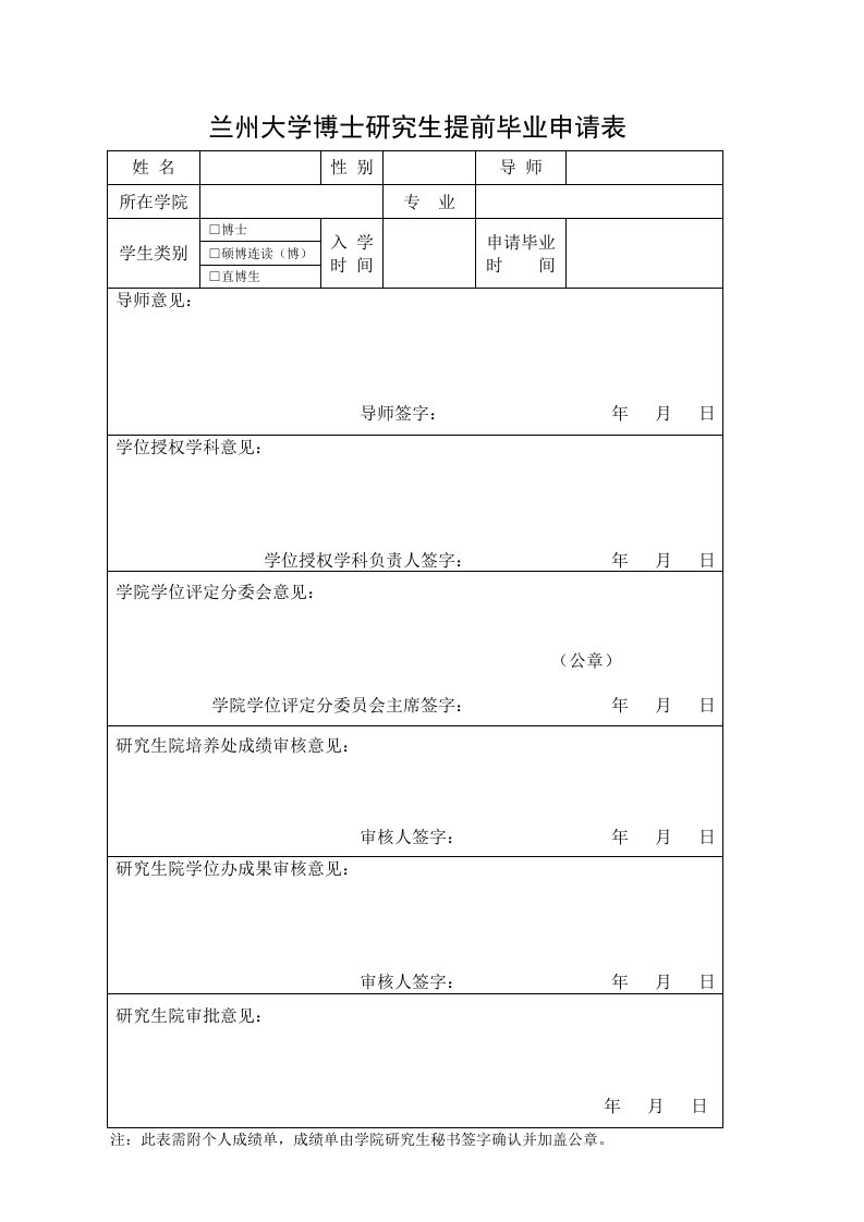 兰州大学博士研究生提前毕业申请表