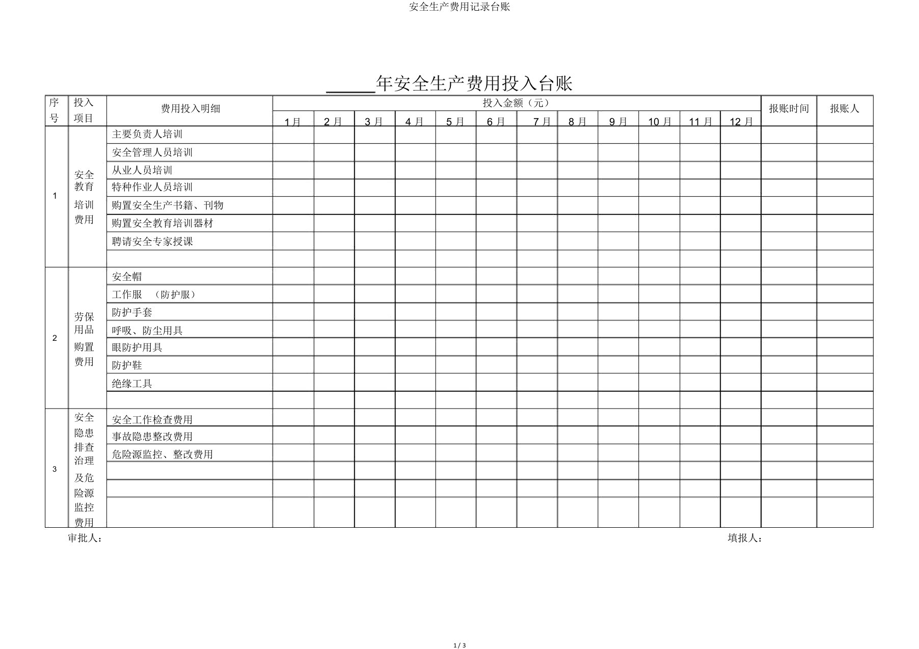 安全生产费用记录台账