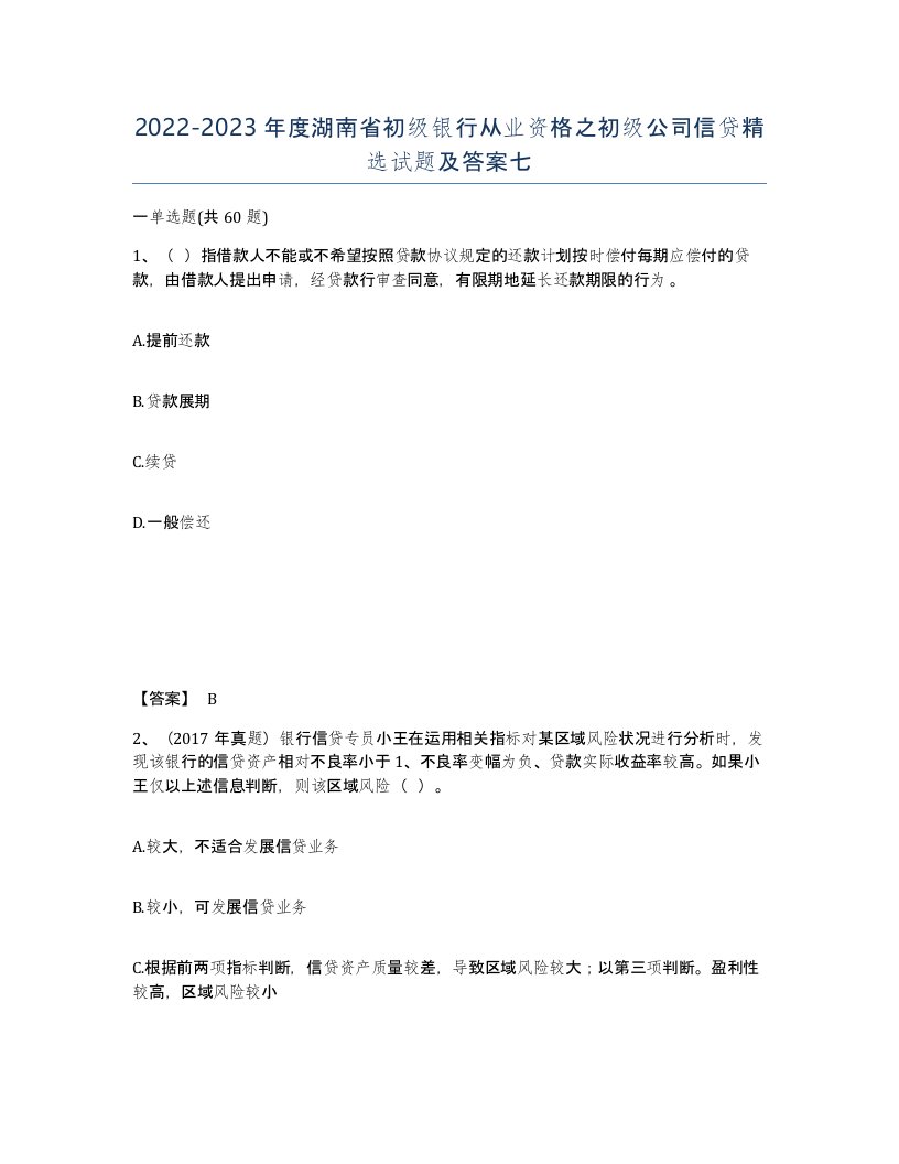 2022-2023年度湖南省初级银行从业资格之初级公司信贷试题及答案七