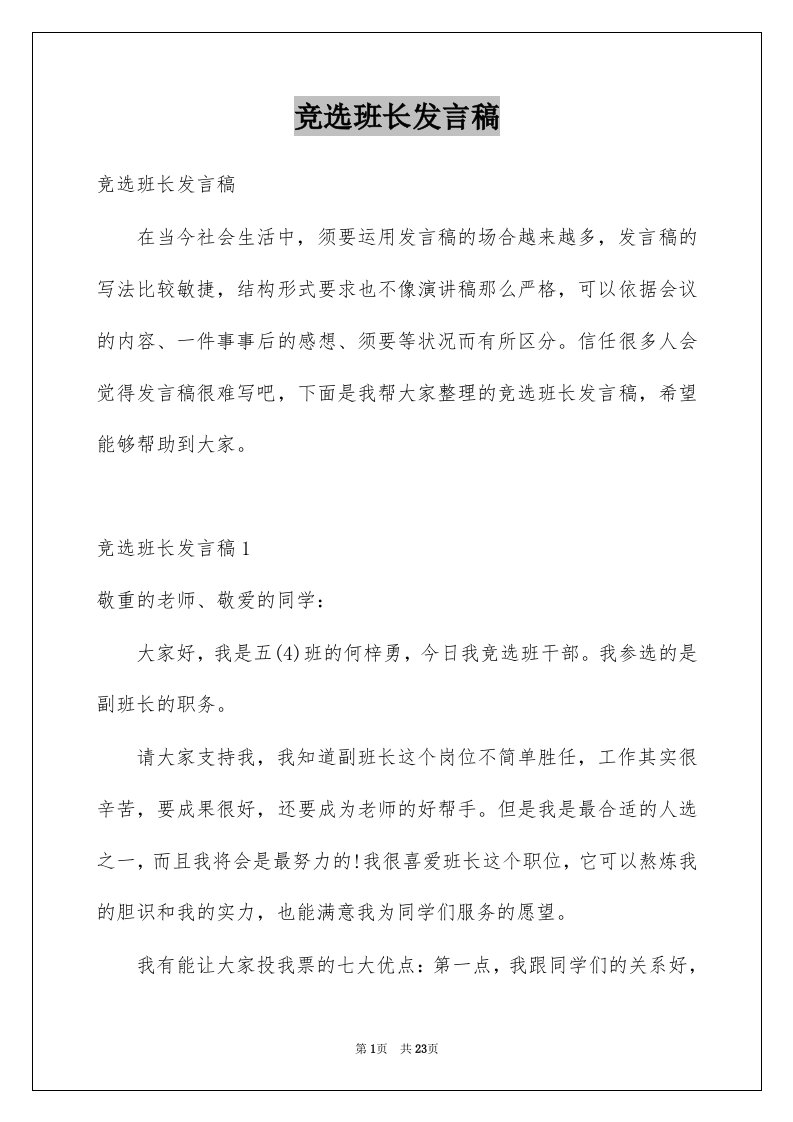 竞选班长发言稿精选1