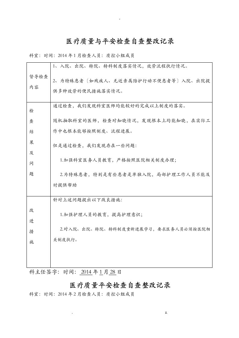 医疗质量安全检查自查整改记录