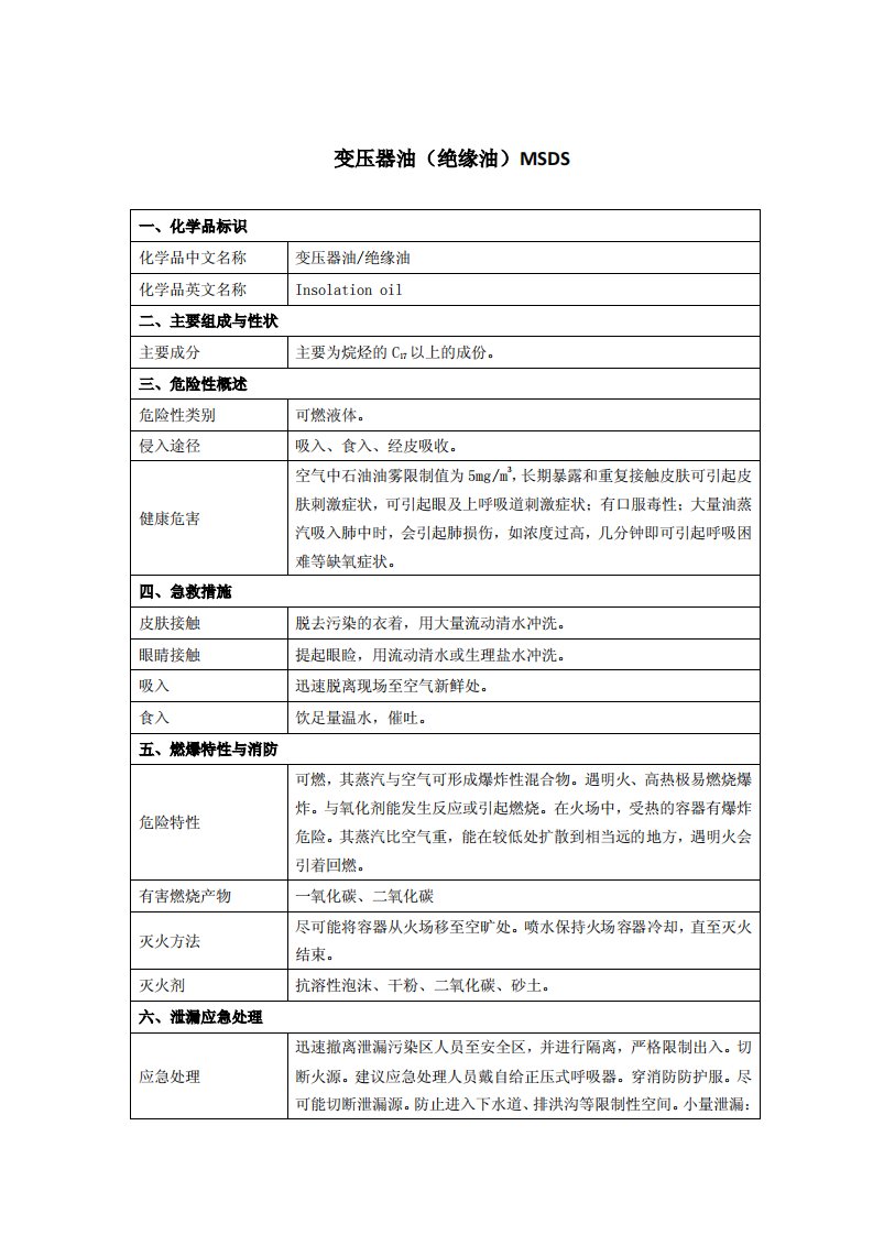 变压器油(绝缘油)MSDS