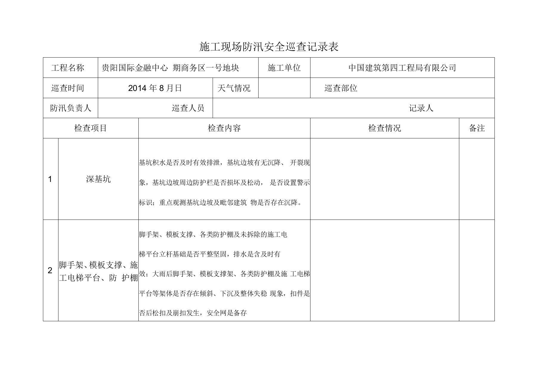 防汛巡查记录表1