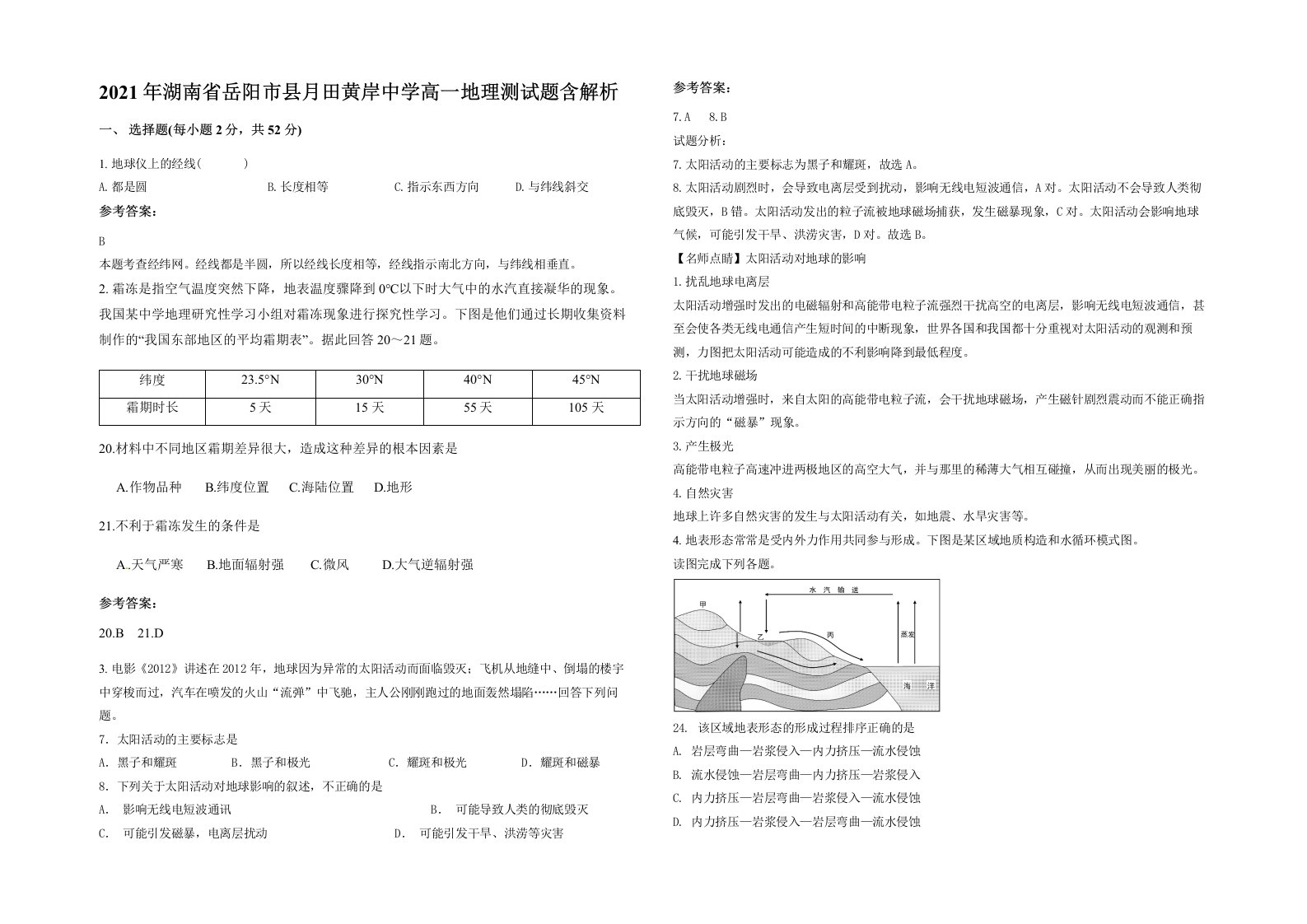 2021年湖南省岳阳市县月田黄岸中学高一地理测试题含解析