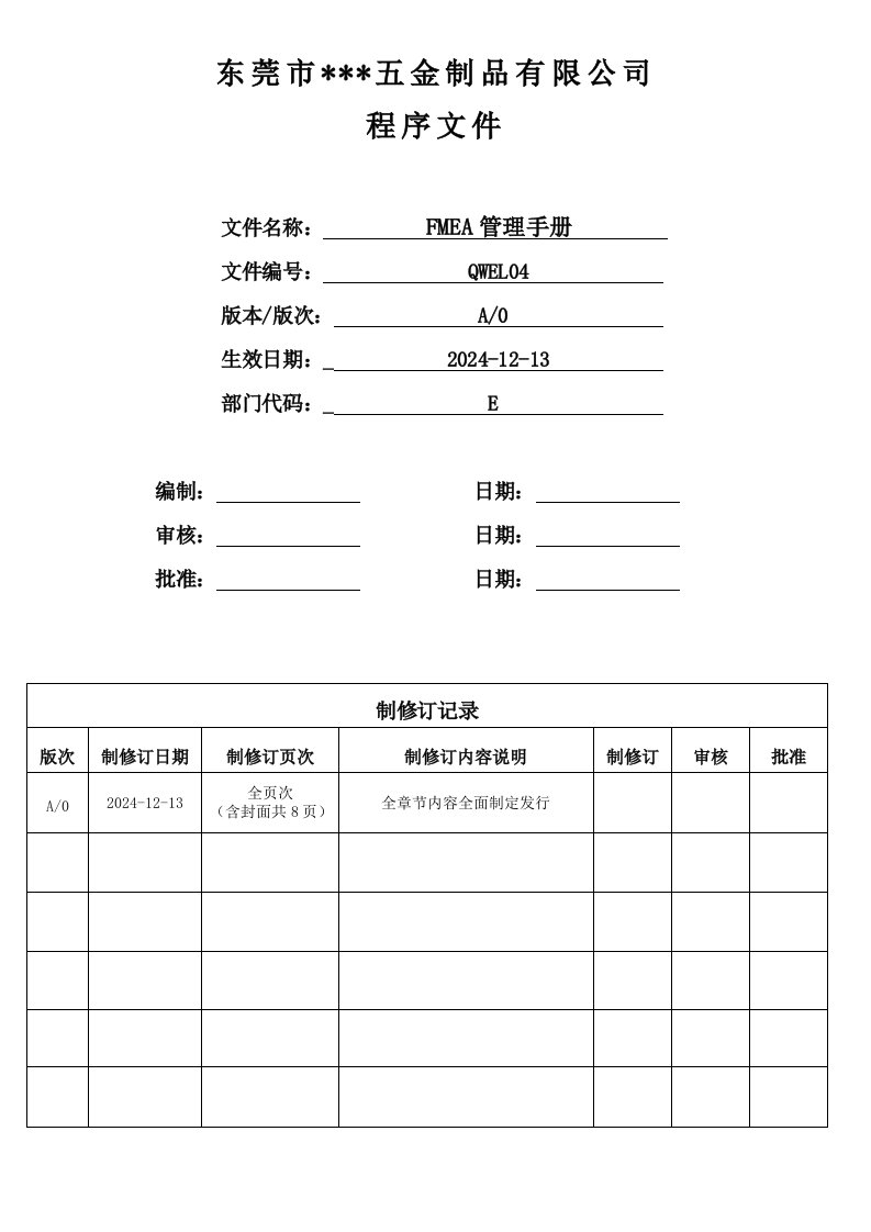 五金制品有限公司程序文件FMEA管理手册