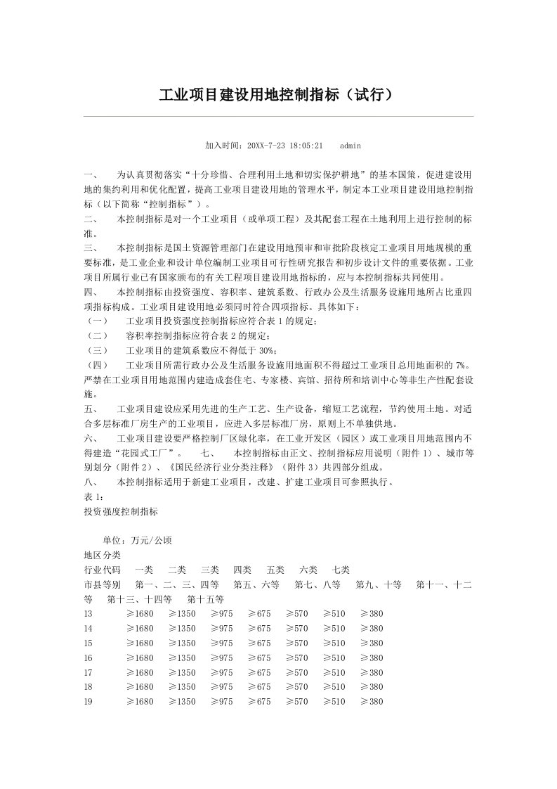 项目管理-工业项目建设用地控制指标