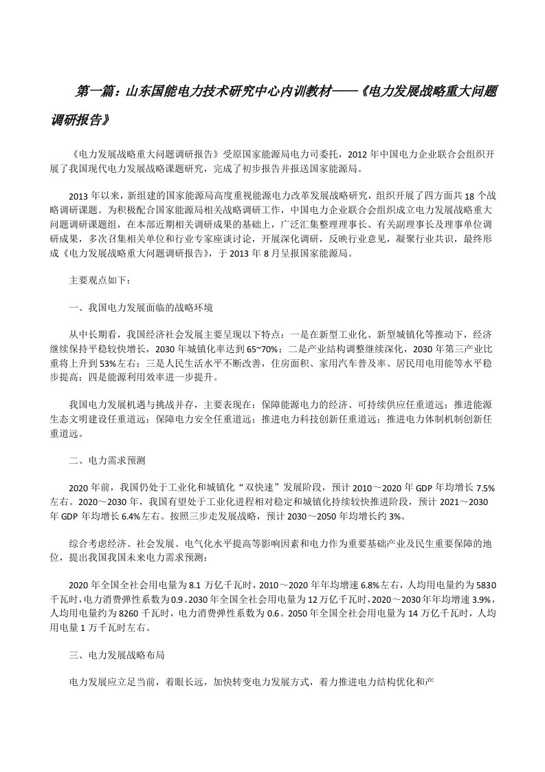 山东国能电力技术研究中心内训教材——《电力发展战略重大问题调研报告》（五篇模版）[修改版]