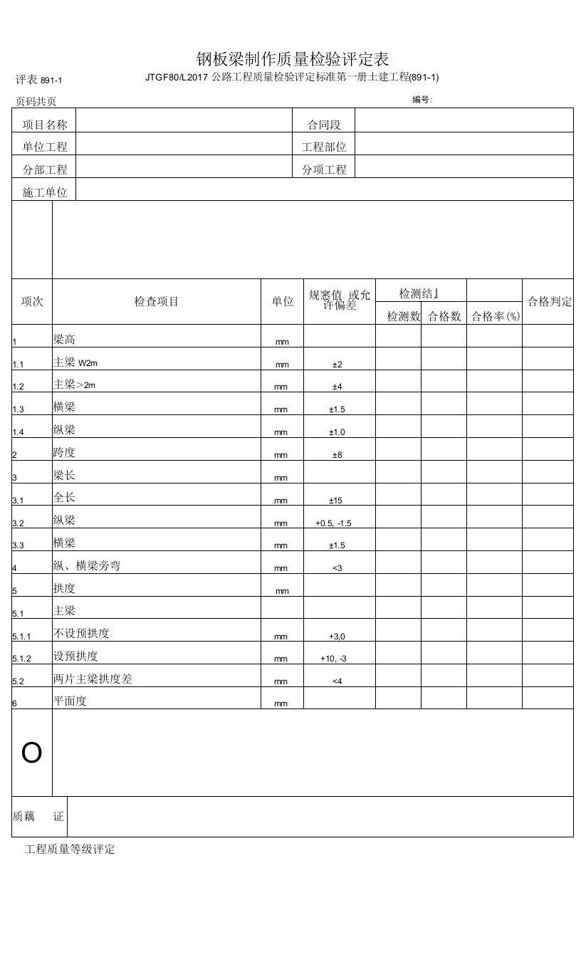 钢板梁制作质量检验评定表