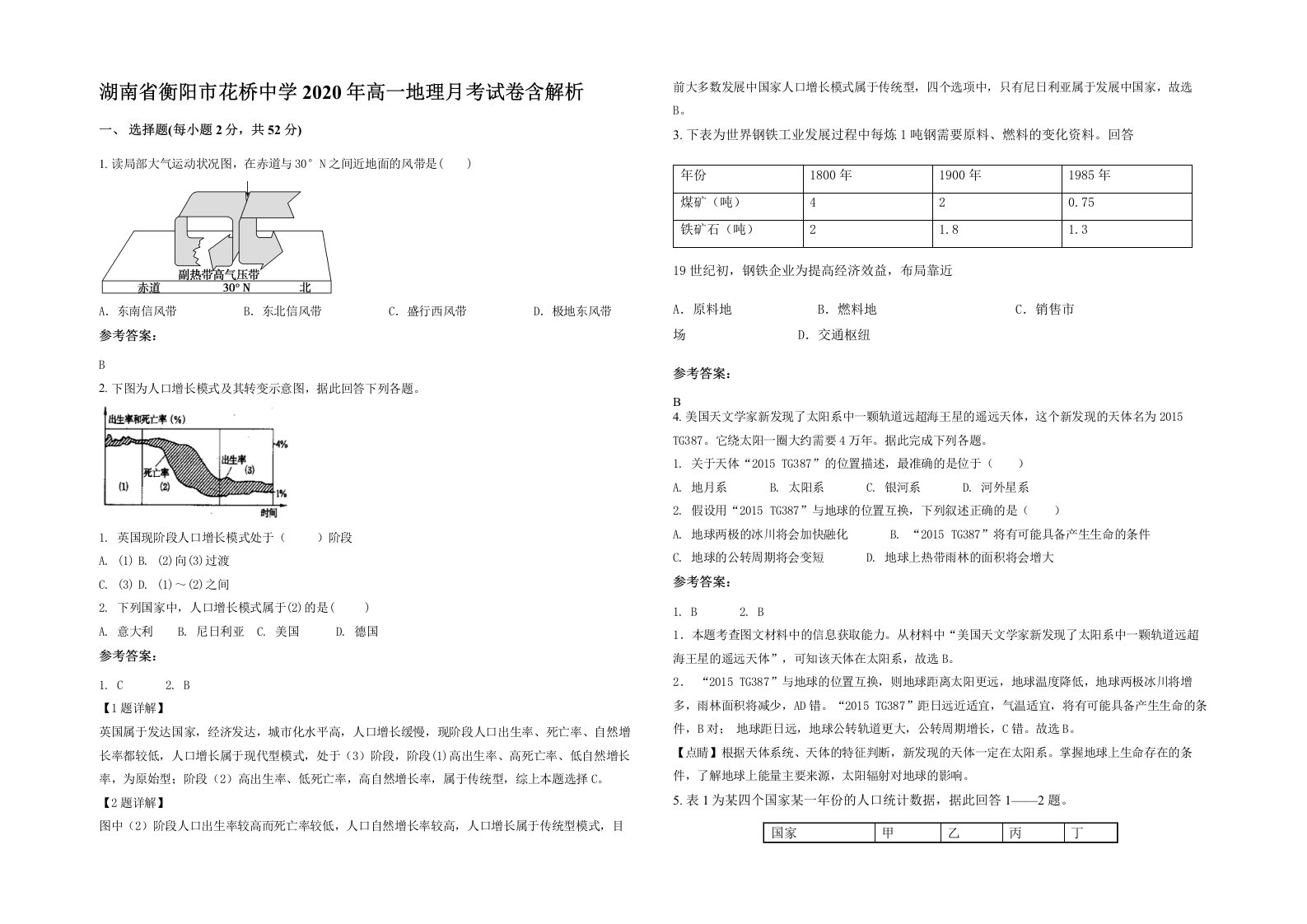 湖南省衡阳市花桥中学2020年高一地理月考试卷含解析