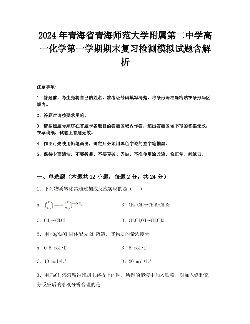 2024年青海省青海师范大学附属第二中学高一化学第一学期期末复习检测模拟试题含解析