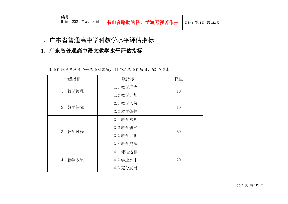 广东省普通高中学科教学水平评估指标详述